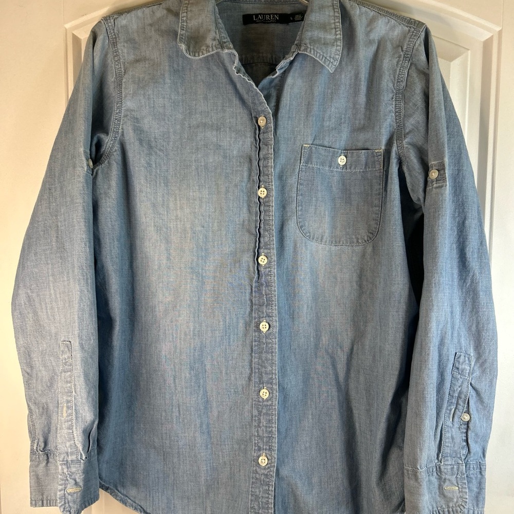 Lauren Ralph Lauren Blue Medium Wash Denim Button Up Tunic Shirt Pocket Women L